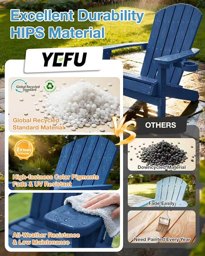 YEFU Adirondack Chairs Set of 6: Outdoor Chair HIPS Plastic Adirondack Chairs - Patio Chairs with Wood Texture - Lawn Fire Pit Deck Porch Garden Chairs for Adults (Navy Blue)