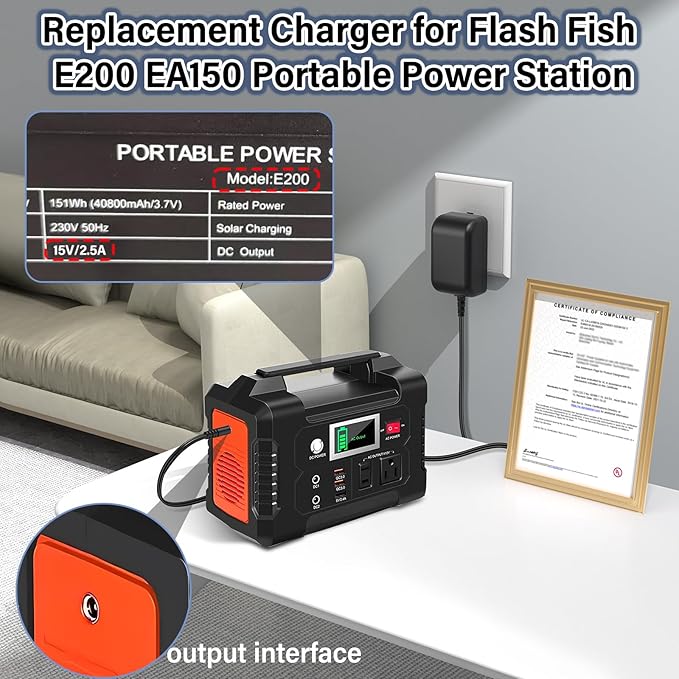 15V Portable Power Station Charger Replacement Compatible with FlashFish 150W-200W Electric Solar Generator, Power Cord AC Adapter Fit for Flash Fish E200 EA150 for EnginStar for SinKeu 100W-200W