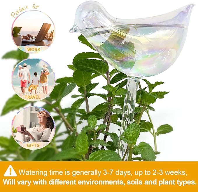 KiKiHeim 2Pcs Plant Watering Globes, Colorful Glass Plant Self Watering Devices, Bird Shape Self Watering Globes, Water Bulbs for Indoor Plants
