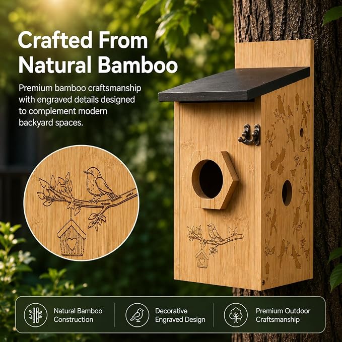 Smart Bird House with Camera, Wooden Birdhouse for Outdoor Bird Watching, App Live View, Color Night Vision, Motion Detection, 2-Way Audio, Waterproof Backyard Bird Nesting Box