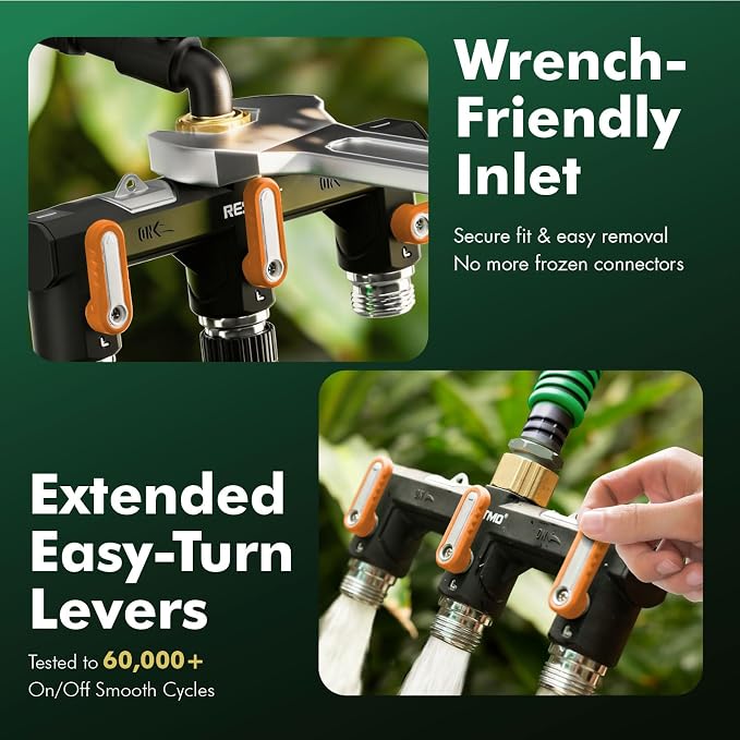 Restmo 3 Way Garden Hose Splitter Heavy Duty 100% Metal Body, Full Flow Design with Oversized Ball Valve, Outdoor Faucet Spigot Adapter with Extended Levers, 3/4" GHT Thread - Orange