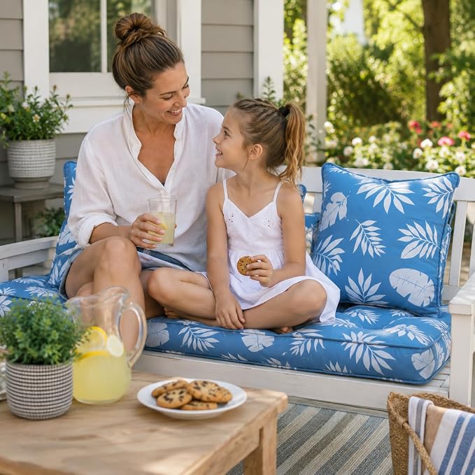 22x22 Waterproof Outdoor Chair Cushions Set of 2, Patio Cushions for Outdoor Furniture Water-Resistant & Fade-Resistant, Deep Seat & Back Cushion for Wicker Sofa (Blue Leaf)