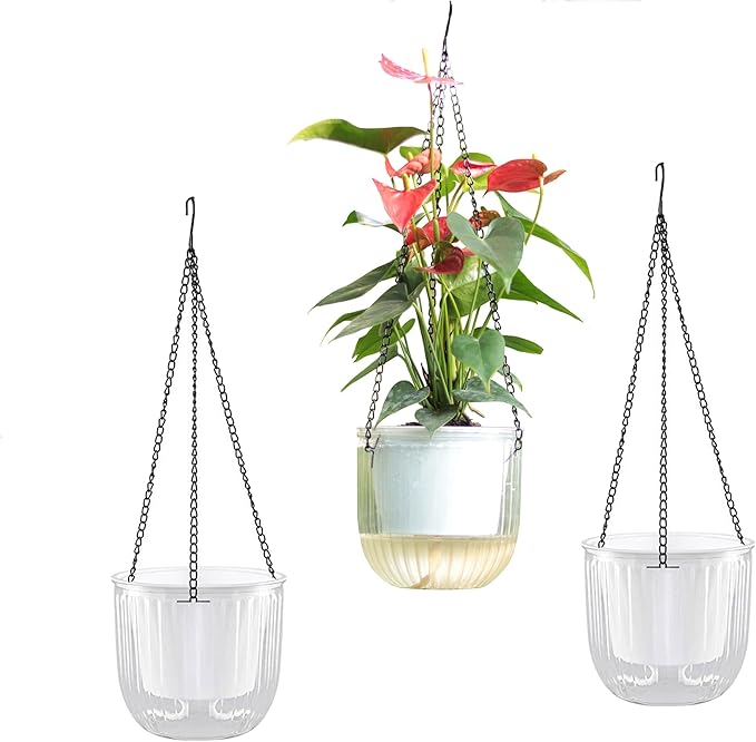 Cornasee 6.5" Clear Hanging Planter Self Watering Pots, 3-Pack Plastic Planters for Indoor Plants,Flowers,Ivy,African Violets