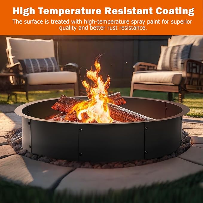 OUSHENG 36 Inch Fire Pit Ring Insert Open Bottom Design for DIY Stone/Brick Fire Pit 39" Outer x 36" Inner Heavy Gauge Steel with Heat-Resistant Coating Easy Assembly, for Backyard Camping Patio