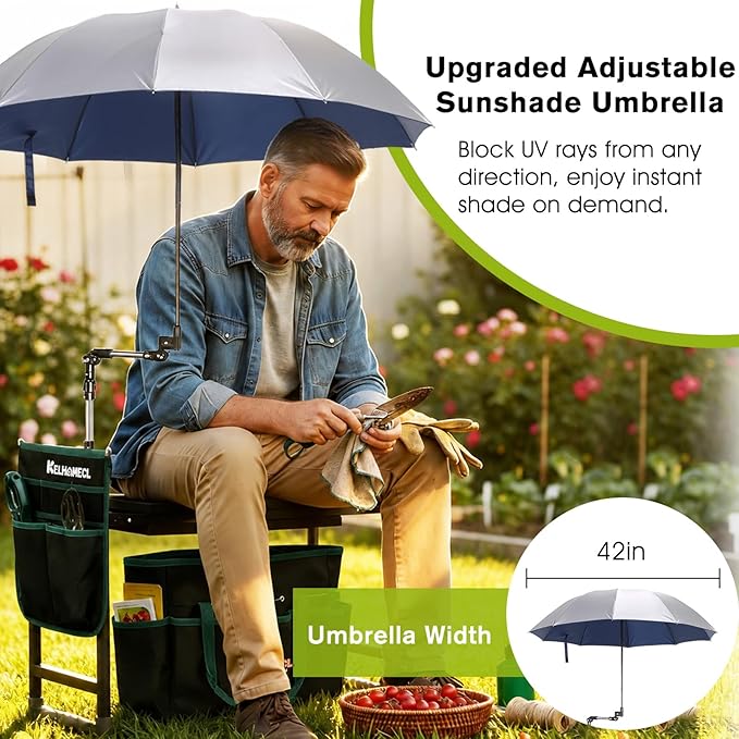 Garden Kneeler and Seat with Umbrella, 2-in-1 Foldable Gardening Stool with Adjustable Bracket, Detachable Tool Bags, Heavy Duty Kneeling Pad for Gardening (Beige Green)