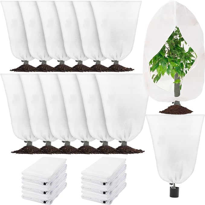 12 Pack Winter Plant Covers Freeze Protection 2 Size 47" x 32" and 24" x 32" Winter Frost Cloths Blankets with Zipper Drawstring Tree Covers for Outdoor Plants Shrubs Potted Trees (White)