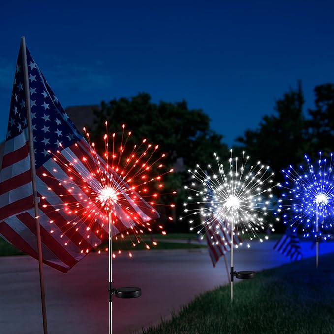 Tujoe 3 Pcs 4th of July Solar Firework Lights Patriotic Solar Light Outdoor Garden 120 LED 8 Modes Waterproof LED Sparkler Light for 250th Anniversary Patio Yard Pathway Walkway (Red,White,Blue)