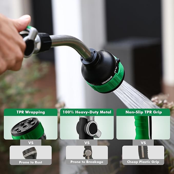 RESTMO 2-in-1 Watering Wand, Heavy Duty Metal Garden Hose Wand with 9 Spray Patterns, Multi-Function Hose Nozzle Sprayer with Thumb Flow Control, Ideal to Water Hanging Baskets and Shrubs, Green