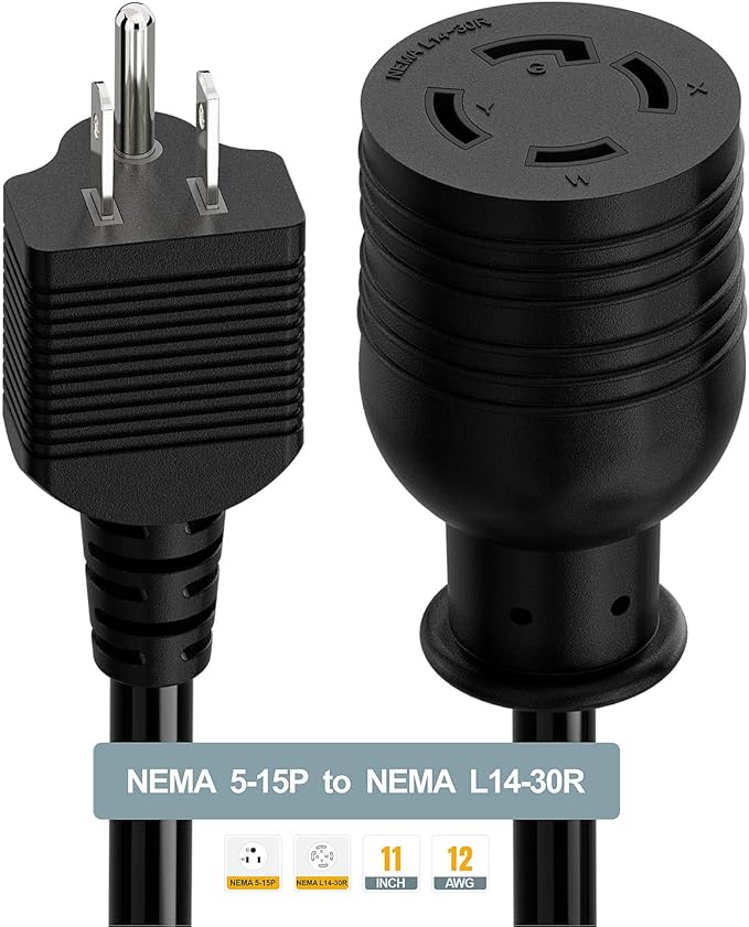 Nema 5-15P to L14-30R Power Adapter Cord, Household 15Amp to Generator Lock in 30Amp Adapter Cord, STW 12AWG Length= 1Foot