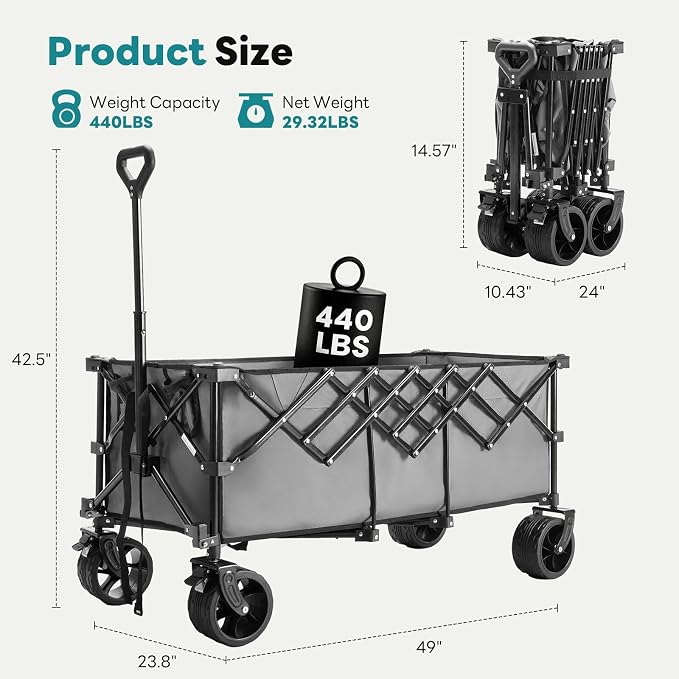 OLIXIS 49" Extra Long Folding Wagon Cart, 440LBS Heavy Duty Collapsible Wagon with Big All-Terrain Wheels, 250L Portable Outdoor Utility Cart for Shopping, Garden, Camping, Grocery, Sports - Grey