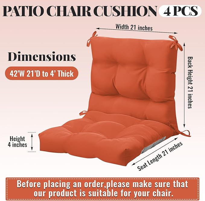 Marsui 4 Pcs Outdoor Indoor High Back Chair Cushions Patio Furniture Tufted Pillow with Ties Water-Resistant Replacement Outdoor Rocking Chair Cushions, 42 x 21 Inches (Orange Red,Solid Color)