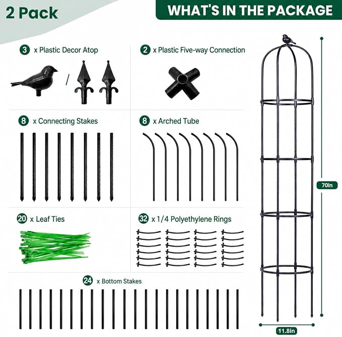 Garden Obelisk Trellis for Climbing Plants Outdoor, 6 ft Tall Trellis for Roses Clematis Jasmine Ivy Flower Light Climbing Vines Potted Plant Support, Patio, Yard, Black, 2PCS