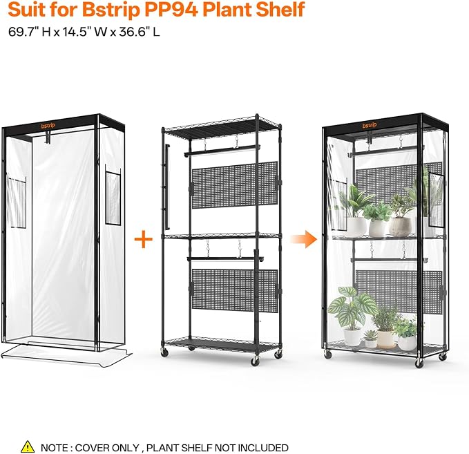 Bstrip 36.6"x14.5"x69.7" Greenhouse Cover Replacement with Base Tray – Indoor Transparent Plant Tent for 35.4"x13.7"x70.9" Plant Shelf, EVA Waterproof, Roll-Up Door & Vent Windows