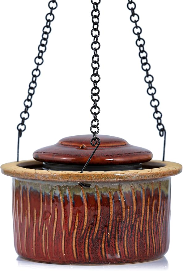 Byer of Maine Alcyon Hummingbird Feeder, Outdoor Hanging Feeder Water Moat for Ants, Dishwasher Safe, Red Ceramic Glaze, 6.5 oz.