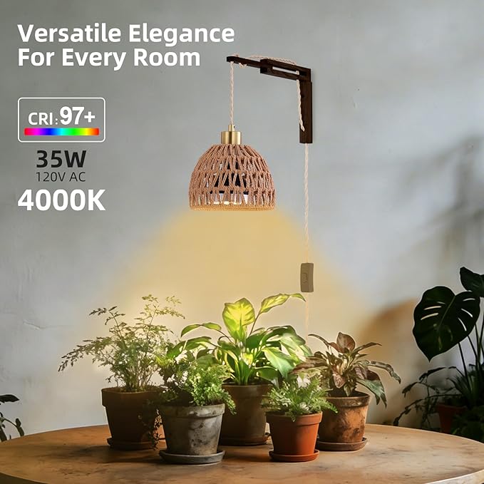 Hanging Grow Lights for Indoor Plants - 35W 4000K Full Spectrum Plant Light, Wall Mounted Grow Light with Wooden Bracket, Timer, 15FT Power Cord, Ideal for Plants, Flowers & Home Decor