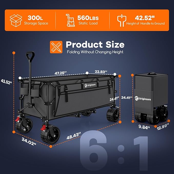 48" L Collapsible Wagon Cart Foldable, 560lbs Weight Capacity 300L Heavy Duty Folding Beach Wagons with Big All-Terrain Wheels, Utility Carts for Groceries, Shopping, Camping, Sports - Grey