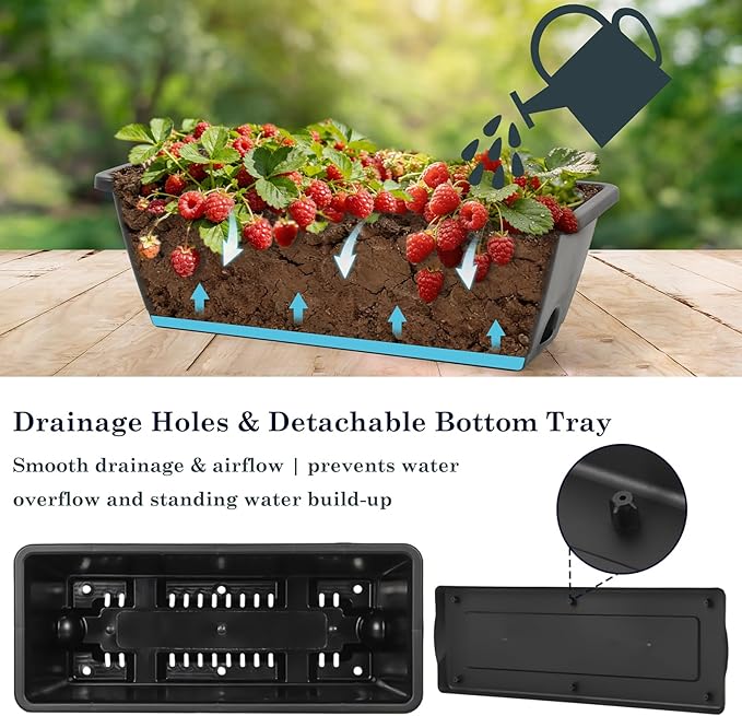 OYEAL Railing Planter Box Black Hanging Window Boxes Planter with Adjustable Brackets, Outdoor Set of 2 Deck Rail Planters with 6 Detachable Plastic Flower Pots for Garden Fence, Patio, Windowsill