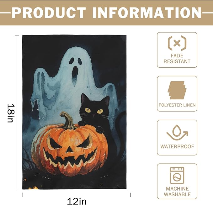 Scary Ghost Pumpkin Halloween Garden Flag 12x18 Inch Black Cat Halloween Theme Holiday Decorative Yard Flags for Outside Double Sided Outdoor Home Farmhouse Decoration Porch Decor