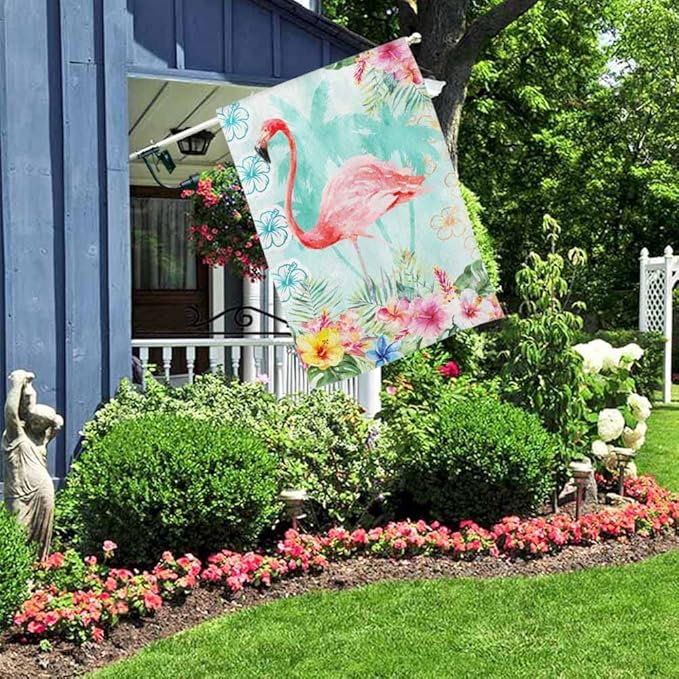 AOYEGO Pink Flamingo House Flag 28 x 40 Inch Large Vertical Double Sided Summer Fresh Palm Trees Background Watercolor Flowers Seasonal Outside Décor for Garden Yard Farmhouse Flags
