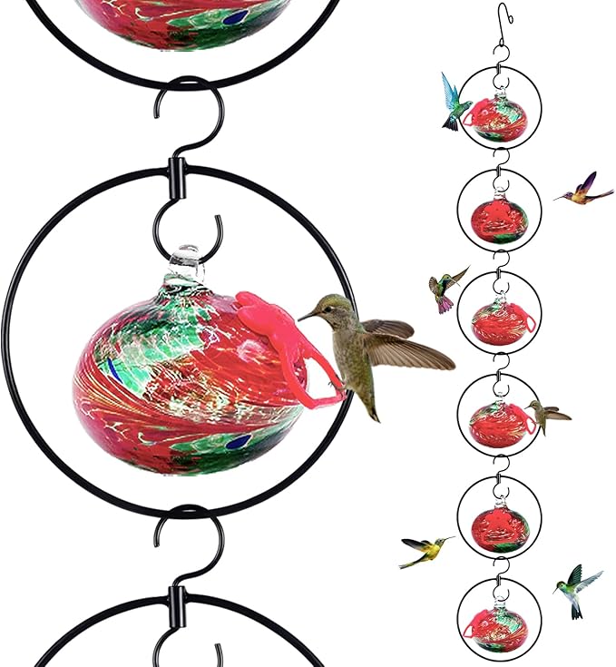 Headak Life Flexible 6 Pack Hummingbird feeders for Outdoors Hanging Ant and Bee Proof,Detachable Hand Blown Glass Hummingbird Feeder with 6 Adjustable Silicone Perch(Red)