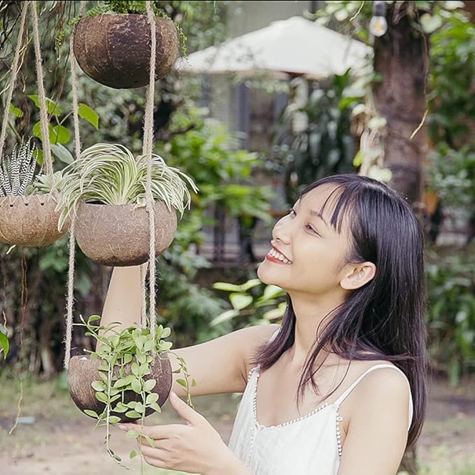 Rainforest Bowls Set of 4 3-Tier Hanging Coconut Planters w/Drainage - Perfect for Succulents, Flowers, Small Plants, Indoor & Outdoor Gardens- Handcarved by Artisans, Eco-Friendly & Sustainable