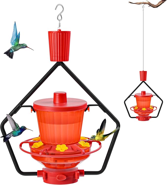 Retractable Hummingbird Feeder – 6 Feeding Ports, Leak-Proof, Ant & Bee Proof, Easy Top-Fill & Easy to Clean, Durable ASA Plastic, 18.5 oz Capacity, Adjustable Hanging System with 44" Extension(Red)