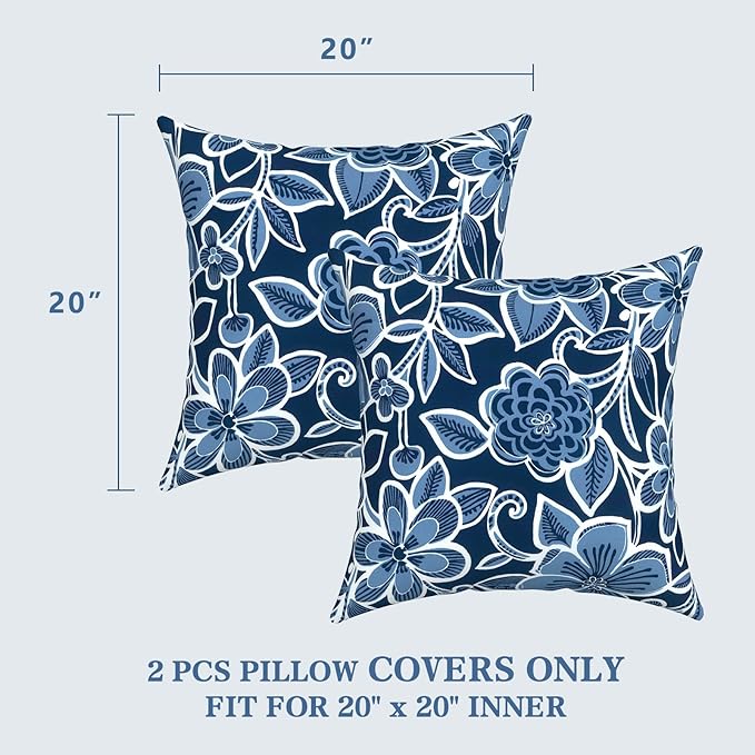 LVTXIII Outdoor Pillow Covers 20x20 Inch, 2 Pack Large Square Throw Pillow Cases, Fade-Resistant Cushion Covers for Patio Furniture Sofa, Garden Porch, Flower Navy