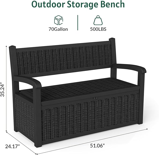 Skepphlay 70 Gallon Storage Bench Outdoor, Deck Box Bench with Armrest, Lockable Outside Benches with Storage, Deck Boxes Waterproof for Pool Patio Garden (Black)