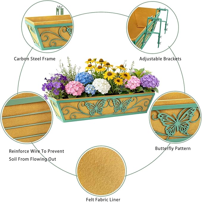 2 Pack 24 Inch Railing Planter Boxes Window Box Planters with Liner | Adjustable Bracket, Heavy Duty Hanging Basket, Metal Butterfly Decor, Retain Moisture Liner, Vibrant Spring Green