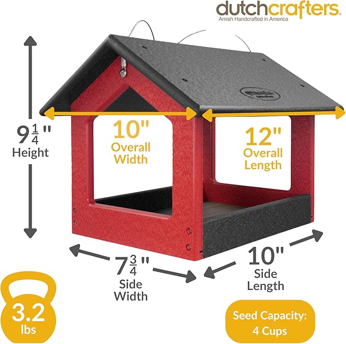DutchCrafters Amish USA Made Recycled Plastic Large Hanging Modern Fly Through Covered Roof Open Platform Tray Bird Feeder for Outdoors, Garden, Yard (Black & Red)