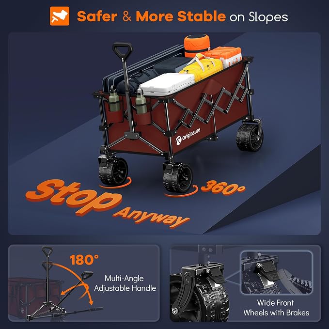 Originsure 220L Collapsible Wagon Cart Foldable, 460lbs Load Capacity Heavy Duty Folding Beach Wagons with Big All-Terrain Wheels, Utility Carts for Groceries, Shopping, Camping, Sports - Red