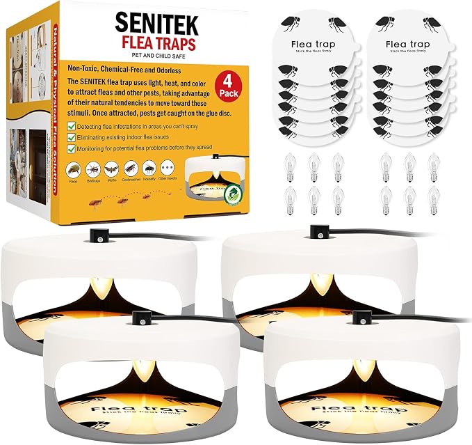Flea Traps for Inside Your Home, 4 Pack Original Indoor Flea Light Bed Bug Killer w/ 12 Sticky Pads & 12 Light Bulb Refills Replacement, Odorless Insect Infestation Treatment Trap Lamp for Kid Pet