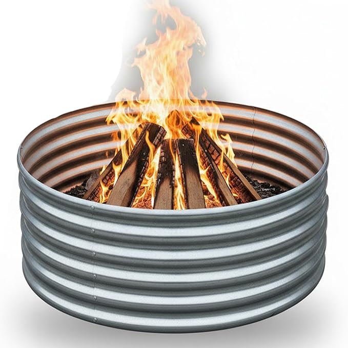 FORTUNO 36 Inch Round Galvanized Metal Fire Pit Ring, Bonfire Fire Ring, 17 Inch High, Durable for Outdoor Fire Pits, Patios and Camping, Silver