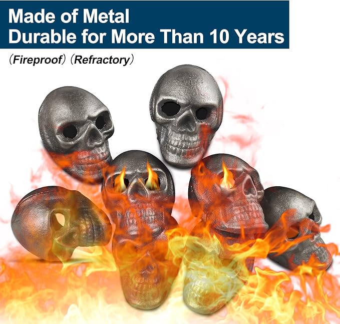 Imitated Human Skull Gas Log for Indoor or Outdoor Fireplaces, Made of Metal, Durable for More Than 10 Years，Fire Pits Halloween Decor Skull Charcoal (Fireproof)(Refractory) (8 PCS)