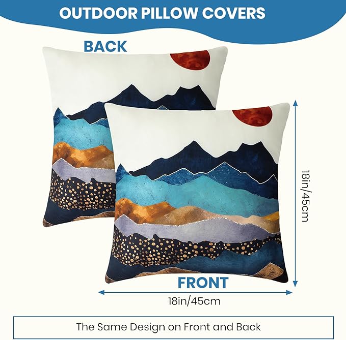 Premillow Outdoor Pillow Covers 18x18 Inch Set of 4, Sunset Blue Hill Decor Throw Pillow Covers Outside Waterproof Pillow for Patio Furniture Bench Chair Couch Sofa