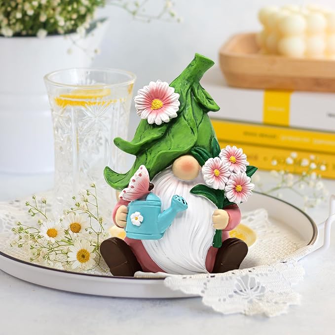 Spring Garden Gnome Figurine, 5.9in Resin Daisy Floral Gnome Decorations for Home Indoor Outdoor, Retirement Gifts for Women