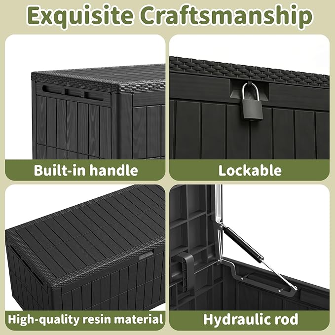 220 Gallon Outdoor Storage Box, Waterproof Lockable Resin Deck Box for Patio Furniture Cushions, Garden Tools, Pool Supplies, Extra Large Patio Storage Chest with Double Wall Design, Black