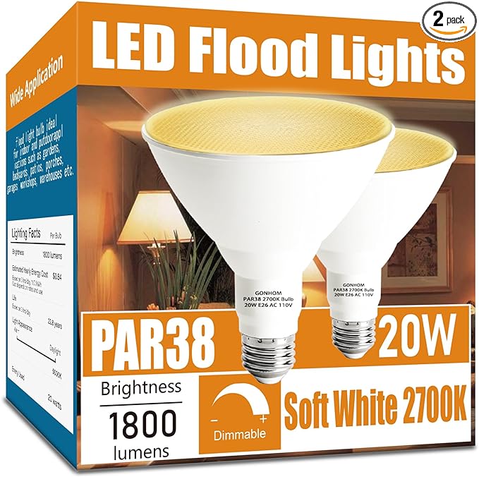 Gonhom Par38 led Flood Lights Outdoor Light Bulb,Dimmable 1800LM,20W Replace up to 200W,Outdoor Flood Light Bulbs for Backyard,Garage,Porch,Garden,2 Pack 2700K Warm Light