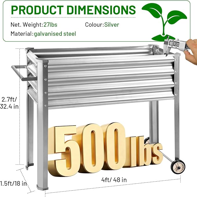 Land Guard 2 Pack Galvanized Raised Garden Bed with Legs & Wheels, 48×18×32in Metal Elevated Raised Planter Box for Backyard, Patio, Balcony, 500lb Capacity, Silver