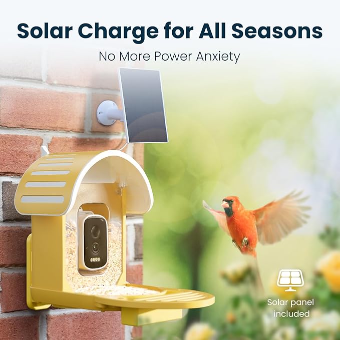Smart Bird Feeder with Camera, 2.5K UHD Bird Camera AI Identifies 11,000+ Bird's Species, Real-time Bird's Videos & Pictures, Solar Powered Wireless Outdoor, Ideal Gift for Mom, Yellow