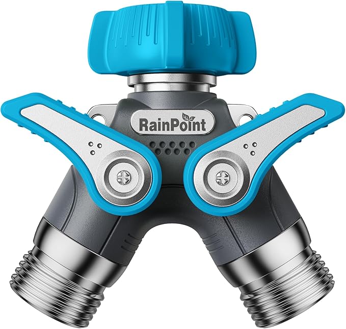 RAINPOINT Garden Hose Splitter, 2 Way Heavy Duty Water Hose Y Spigot Splitter with Shutoff Valves, 100% Metal Body Outdoor Faucet Splitter, 1.9" Extra Long Metal Handle, 3/4" GHT Thread (2, Blue)