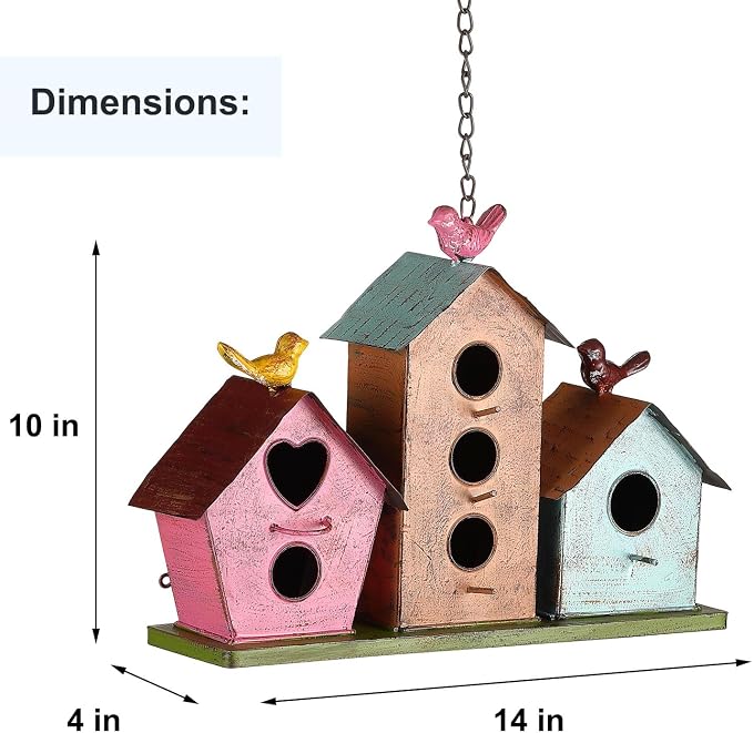 Large Bird House for Outside, 3-Room Metal Birdhouse with Easy Clean Door | Vintage metal bird house with 3 rooms, perfect shelter for finches, wrens and cardinals, featuring a handy clean door