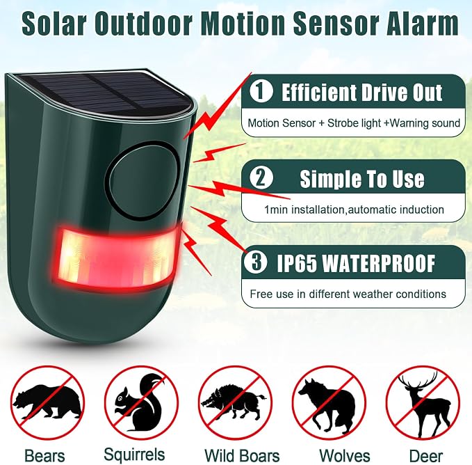 Qualirey Solar Sound and Light Alarm Motion Sensor 129db Outdoor Security Siren Waterproof Activated Detector Driveway Alarm 6 LEDs Flash Warning Deterrent Strobe System for Home, Farm(Green,6 Pack)