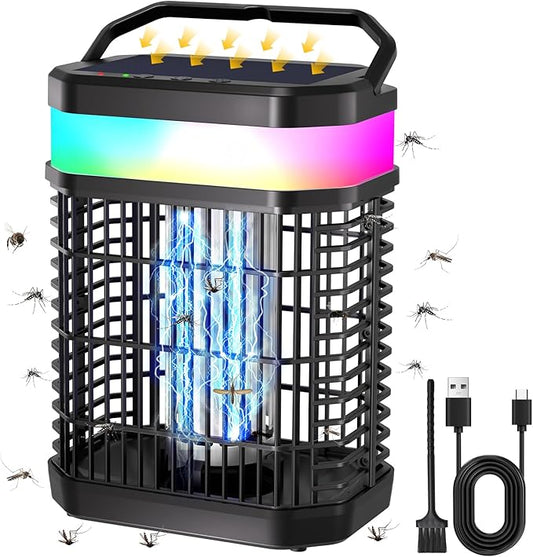 Solar Bug Zapper Outdoor, 4 in 1 Portable & Rechargeable Bug Zapper Outdoor with 5000mAH Battery, 4000V Mosquito Zapper Waterproof with LED Night Light, for Camping, Patio, Backyard (Black)