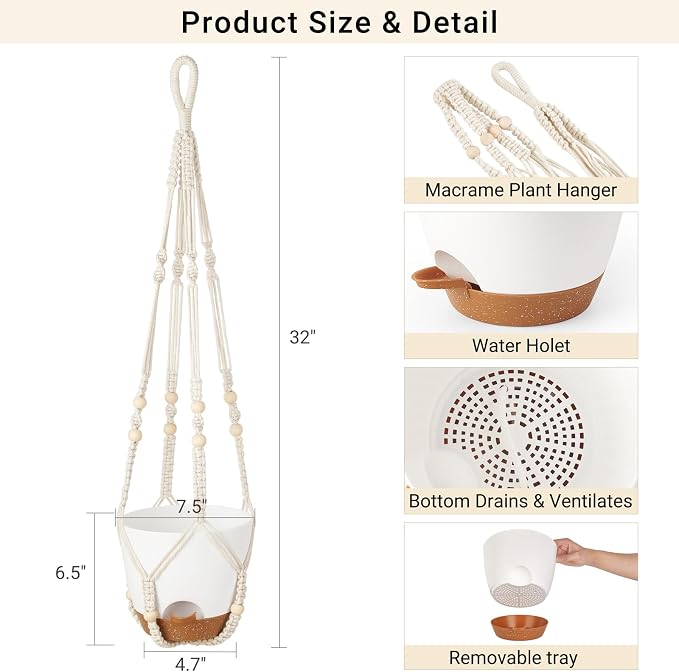 Mkono Hanging Plant Bracket and 7.5 Inch Hanging Planters Set, Hanging Baskets Flower Pot Holders with Hooks