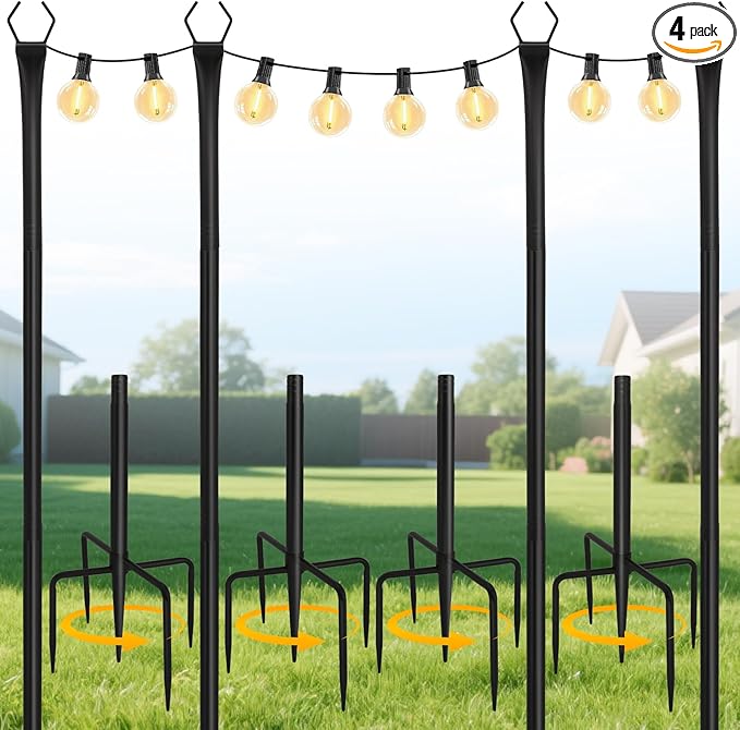 Breeze Touch 4-Pack 10 Ft Reinforced String Light Poles for Outdoor Use, Heavy-Duty Metal Poles with V-Fork Tops for Patio, Deck, Backyard, Garden, Wedding, Party