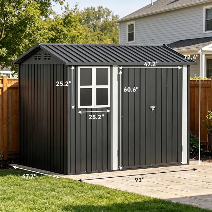 COMHOMA Outdoor Storage Shed with Window,Metal Lockable Garden Toolhouse, Ventilated Weather-Resistant Backyard Utility Workshop for Storage(Light Grey,8x6ft)