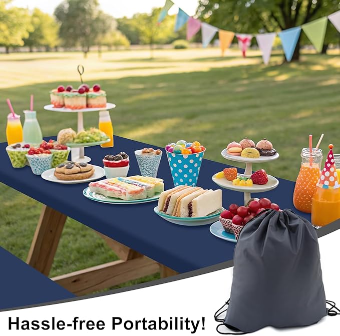 Smiry Picnic Table Cover with Bench Covers, Waterproof Elastic Fitted Polyester Tablecloths for 8 Ft Rectangle Tables, Washable Windproof Tablecloth for Camping, RV & Outdoor (Navy, 30x96 Inches)