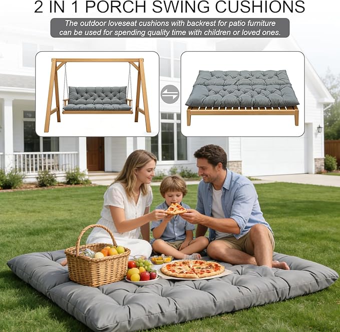 Porch Swing Cushions, Outdoor 3 Seats Swing Cushion Replacement Pad with Backrest, Waterproof Bench Cushion with Ties, for Porch,Garden,Backyard Furniture Patio Lounger (Light Gray 60 * 40 in)