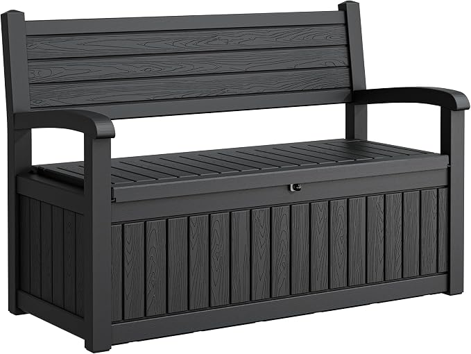 80 Gallon Lockable Deck Bench with Storage, Waterproof Outdoor Porch Bench, Resin Stripes Outdoor Storage Box for Cushions and Garden Tools